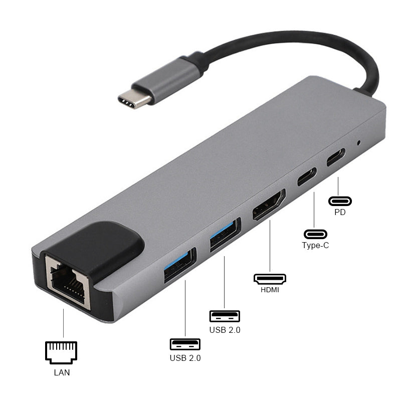 6-in-1 Type-C Hub Multifunctional Docking Station 4K UHD USB-C Adapter to USB 2.0 87W Type-C 100Mbps Ethernet 6-in-1 Type-C Hub Multifunctional Docking Station 4K UHD USB-C Adapter to USB 2.0 87W Type-C 100Mbps Ethernet